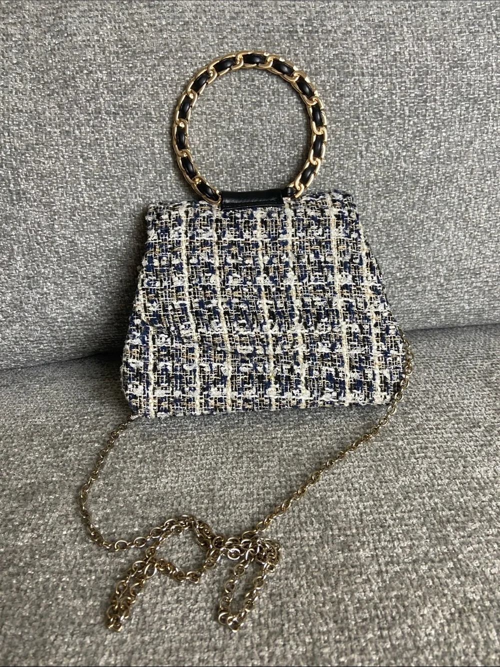 Structured Navy and Cream Tweed Chain-Handle Women’s Bag